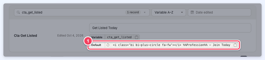 The Cta Get Listed label, whose text differs from its default, with the Default chip (1) that starts with the Restore Default Value button.