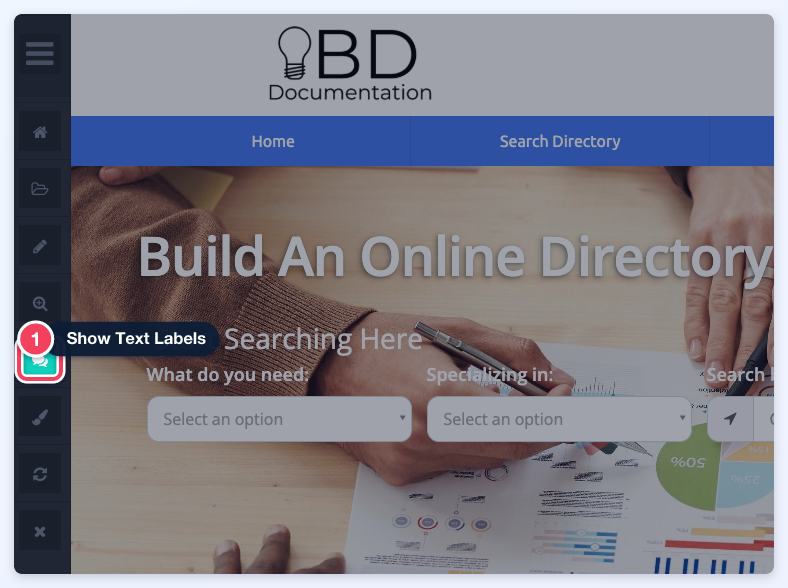The front end of the website with the Admin Bar on the left and its Show Text Labels icon (1) highlighted.