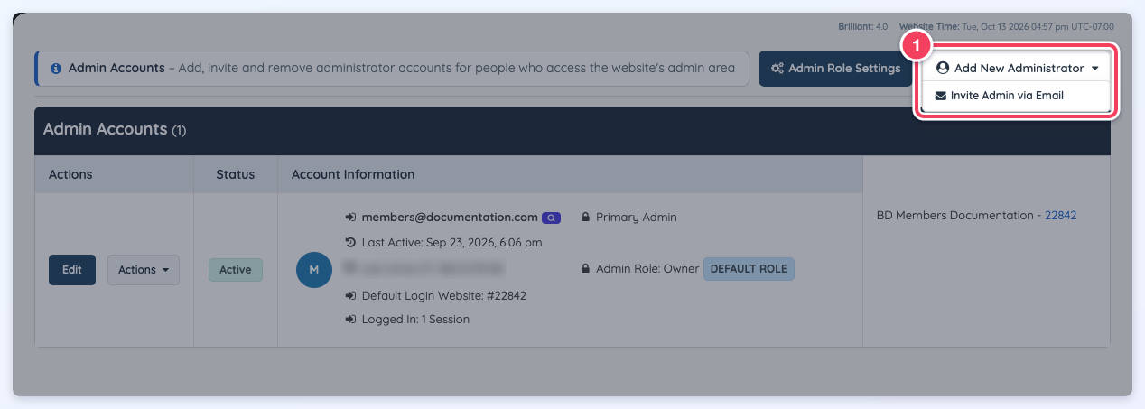 The Admin Accounts page with the Add New Administrator menu open and Invite Admin via Email marked (1).