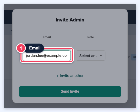 The Invite Admin popup with an example.com address entered in the Email field, marked (1).