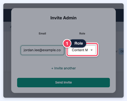 The Invite Admin popup with Content Manager chosen in the Role dropdown, marked (1).