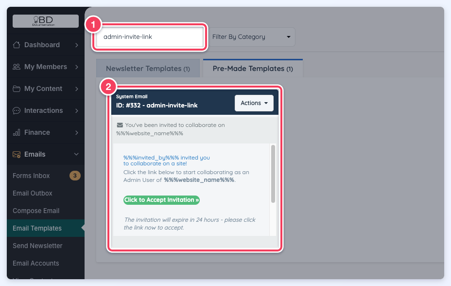 Emails, Email Templates filtered to admin-invite-link (1), showing the admin-invite-link system email under Pre-Made Templates (2).