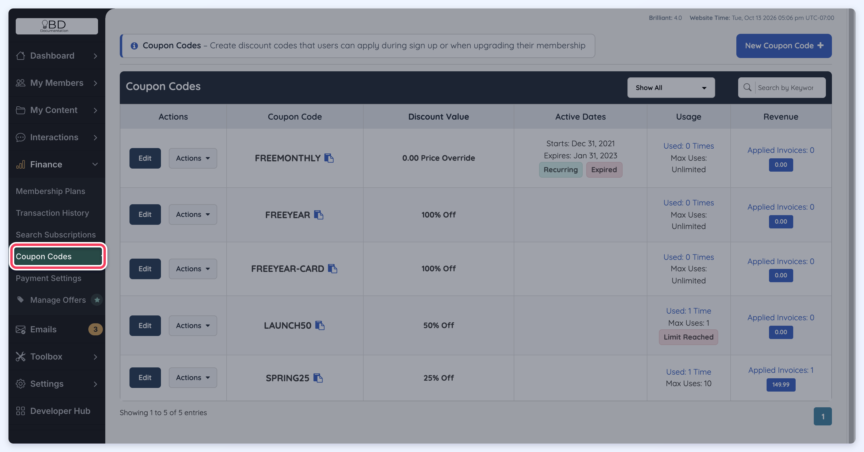 Finance » Coupon Codes highlighted in the admin menu, with the Coupon Codes list open beside it.