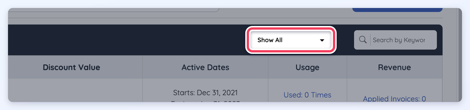 The status filter above the Coupon Codes list, set to Show All.
