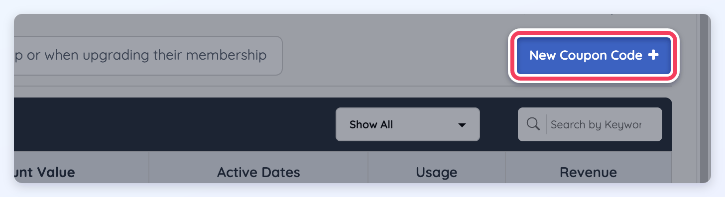The New Coupon Code button at the top right of the Coupon Codes page.