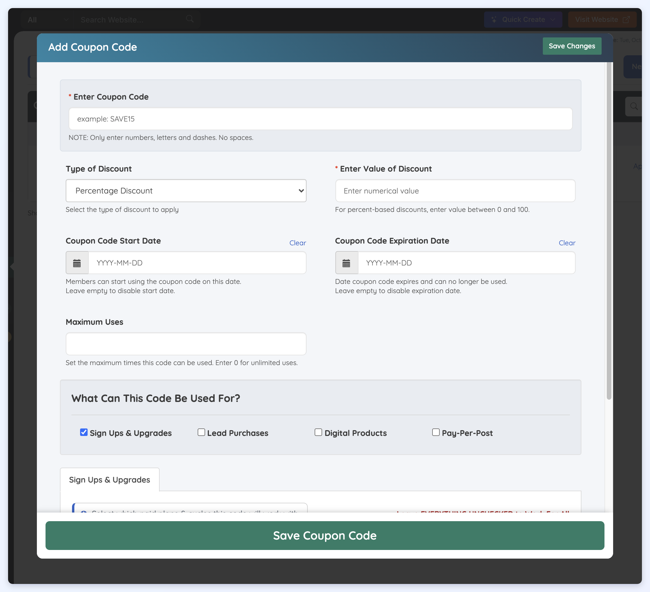 The Add Coupon Code form open in a window, from Enter Coupon Code down to the Sign Ups & Upgrades tab.