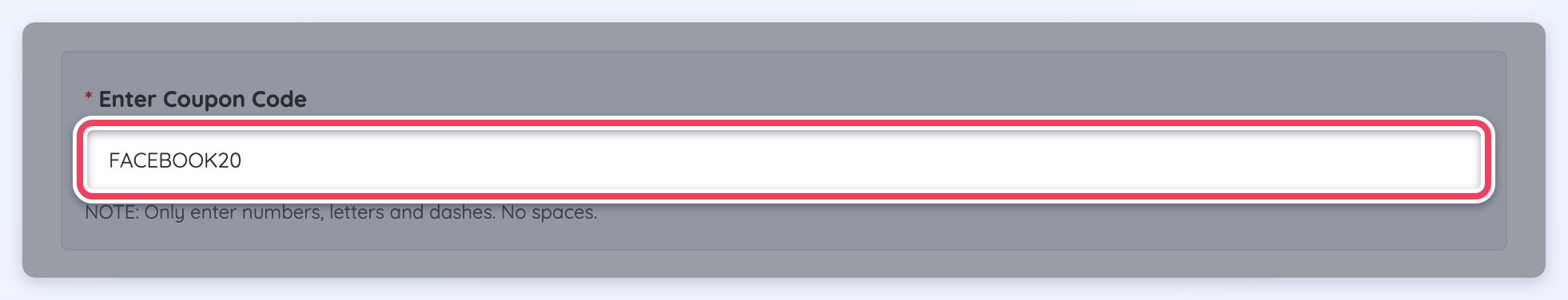 The Enter Coupon Code field filled in with FACEBOOK20.