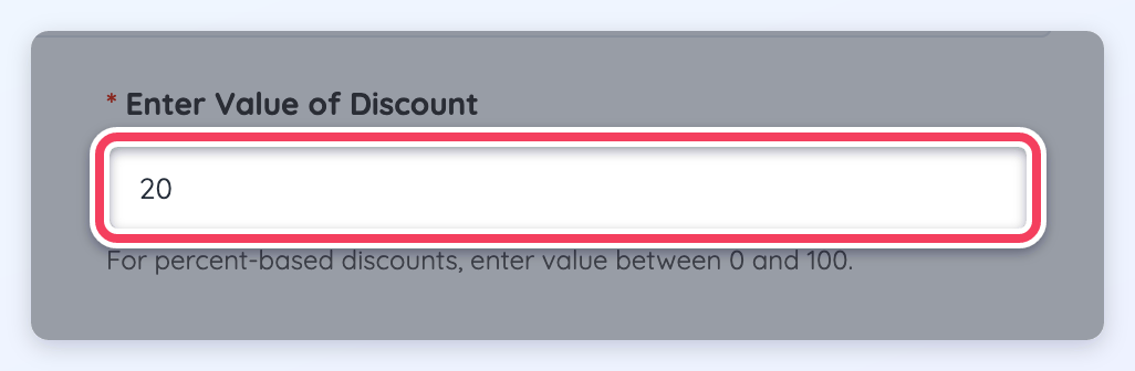 The Enter Value of Discount field filled in with 20.