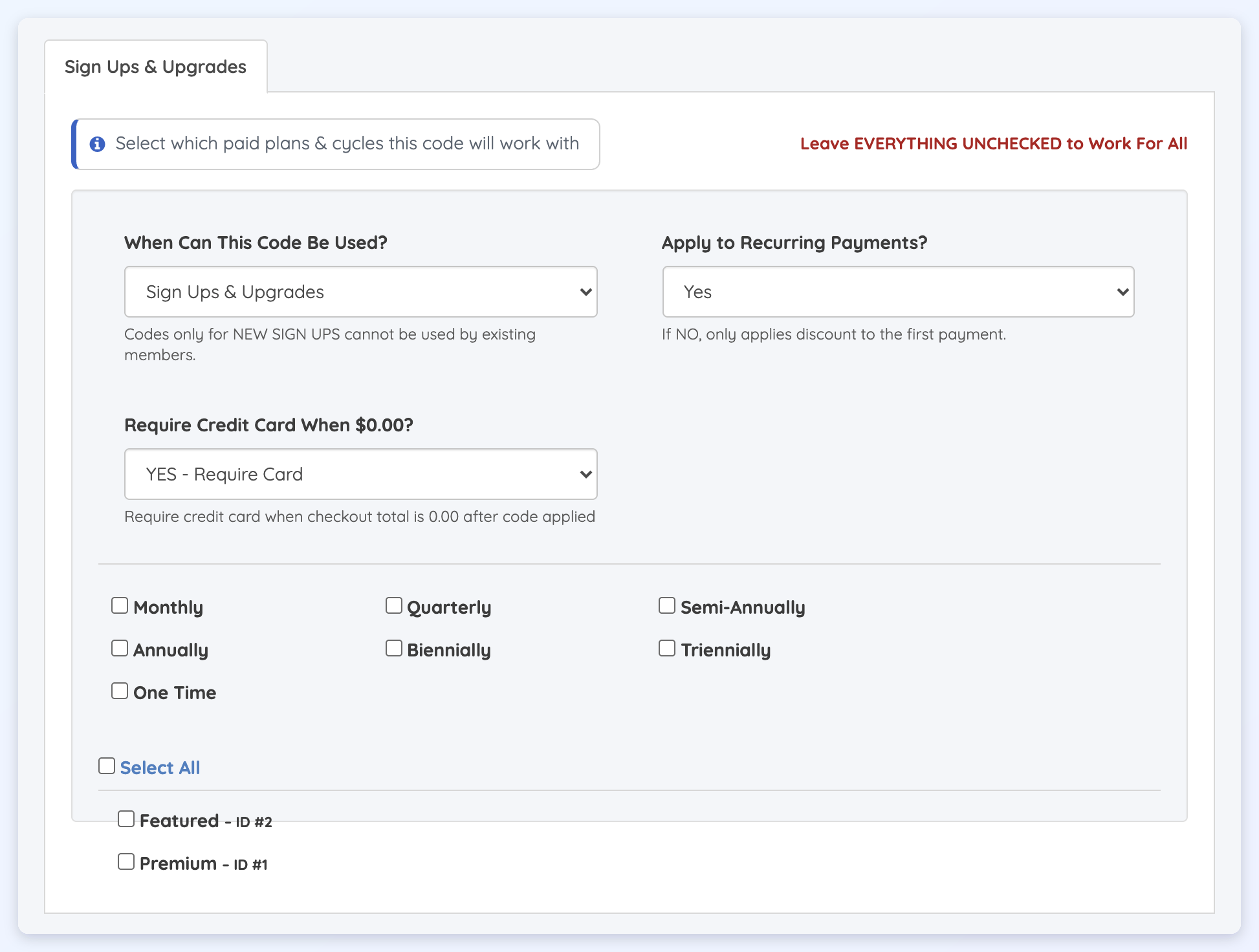 The Sign Ups & Upgrades tab with its usage, recurring, credit card, billing cycle and membership plan settings.