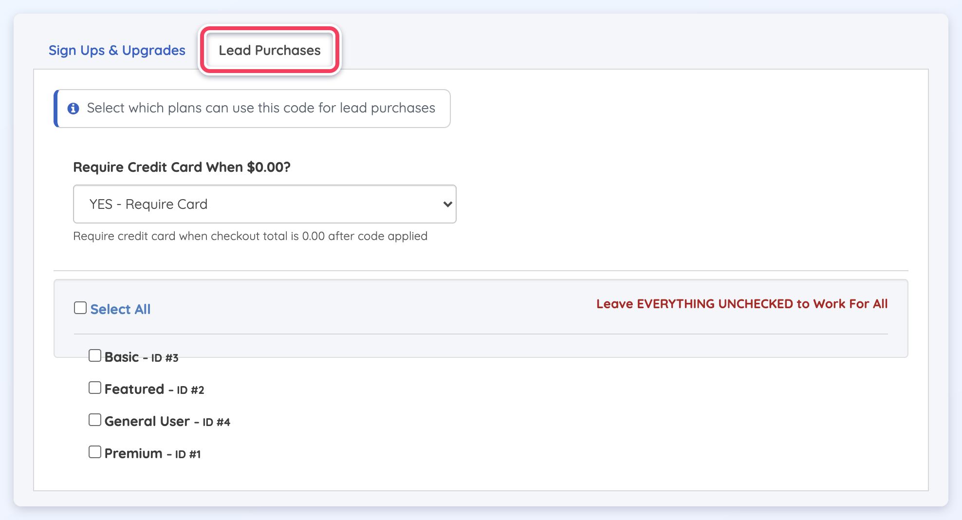 The Lead Purchases tab selected, showing its credit card setting and the plans that can use the code for leads.