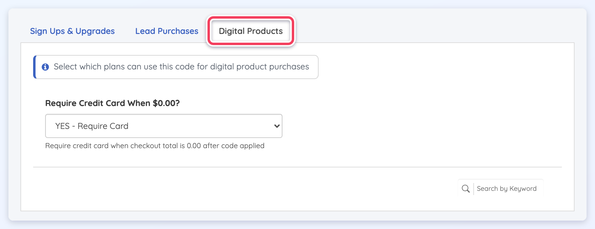The Digital Products tab selected, showing its credit card setting and keyword search.
