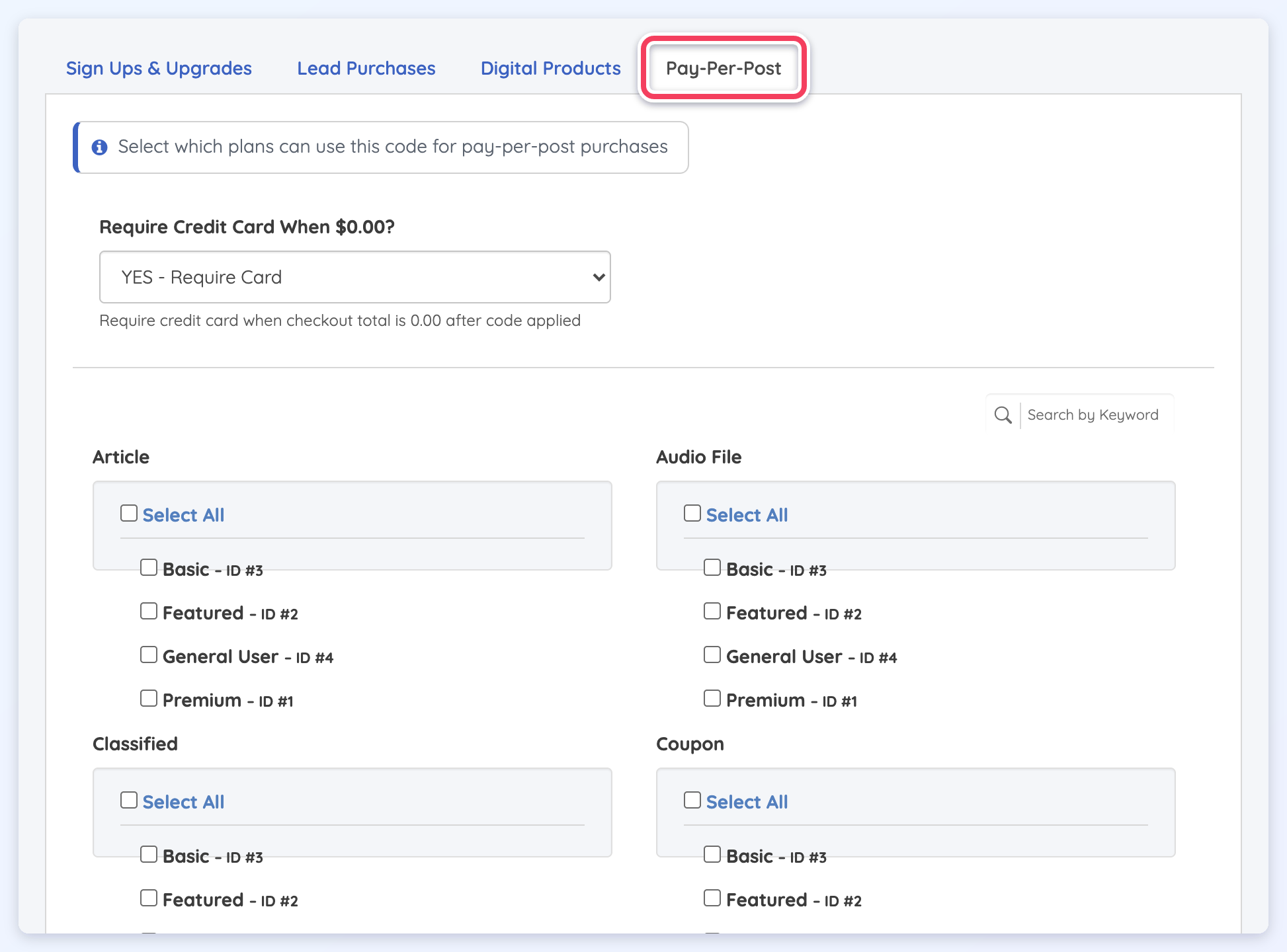The Pay-Per-Post tab selected, showing plan checkboxes for each post type such as Article and Audio File.