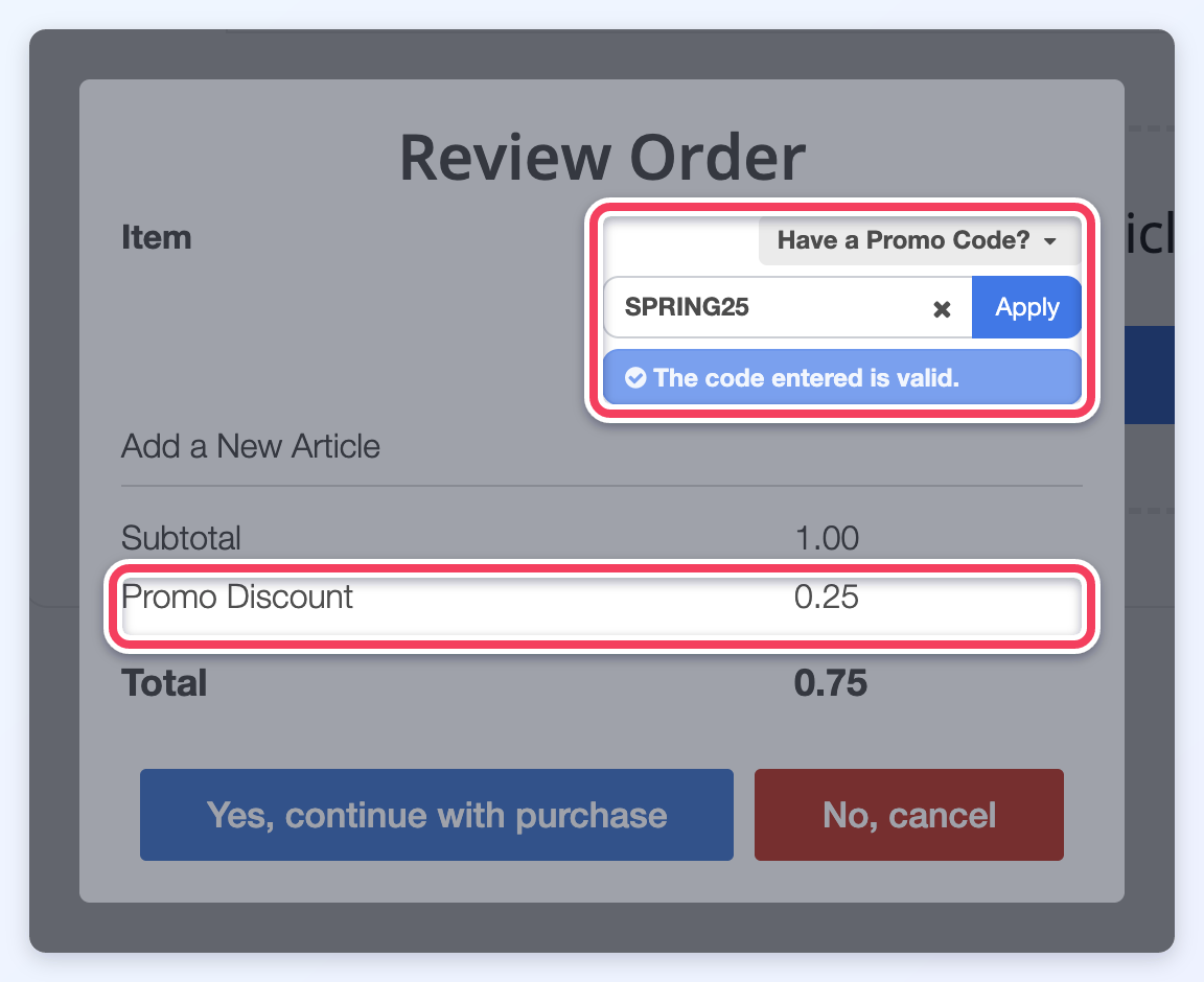 A member's Review Order window with SPRING25 entered under Have a Promo Code?, marked valid, and a 0.25 Promo Discount bringing the total to 0.75.