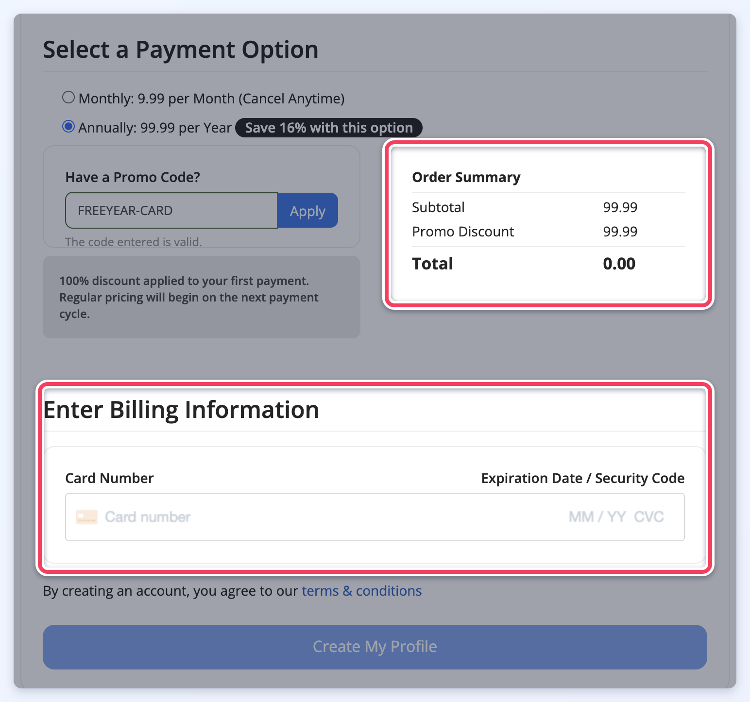 Checkout with a 100% code applied: the order total is 0.00 and the Enter Billing Information card fields still show.