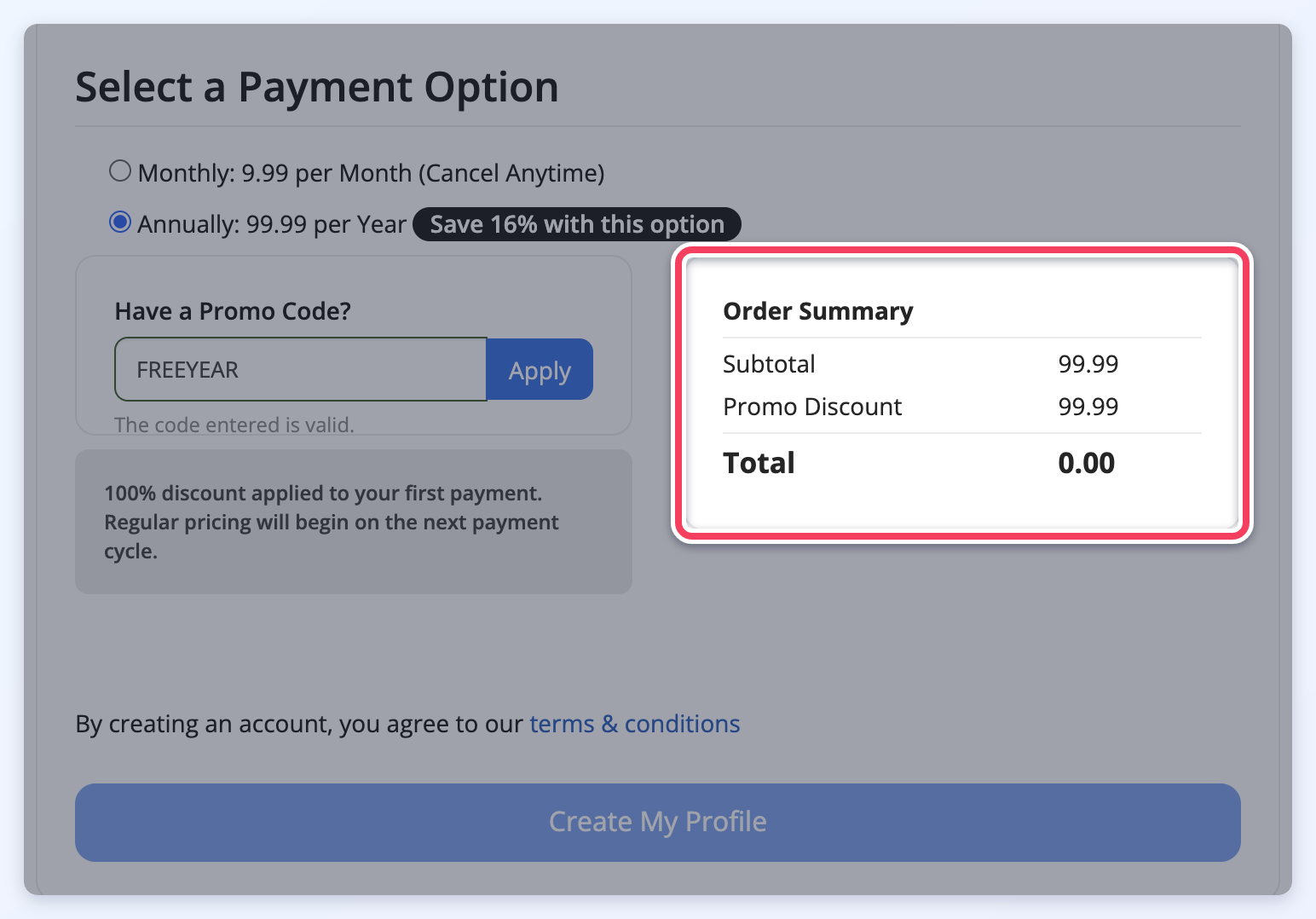 Checkout with a 100% code applied: the order total is 0.00 and no credit card fields are shown.