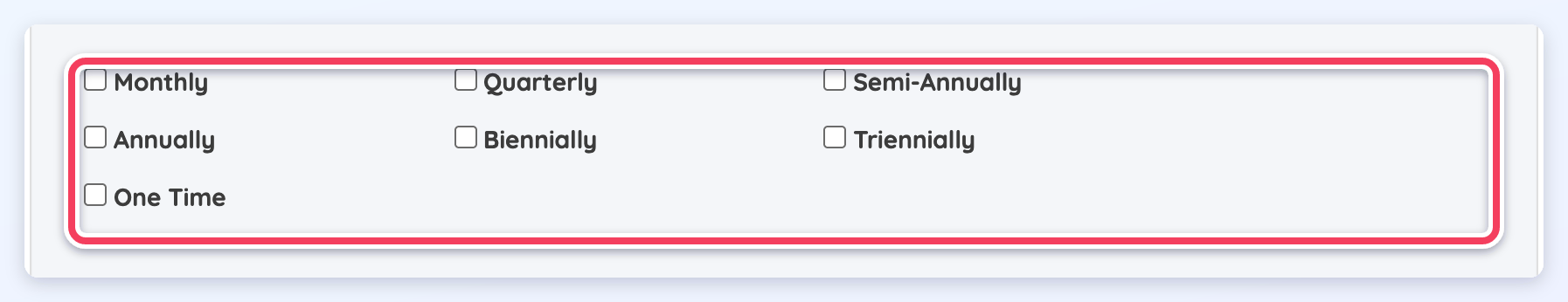 The billing cycle checkboxes: Monthly, Quarterly, Semi-Annually, Annually, Biennially, Triennially and One Time.