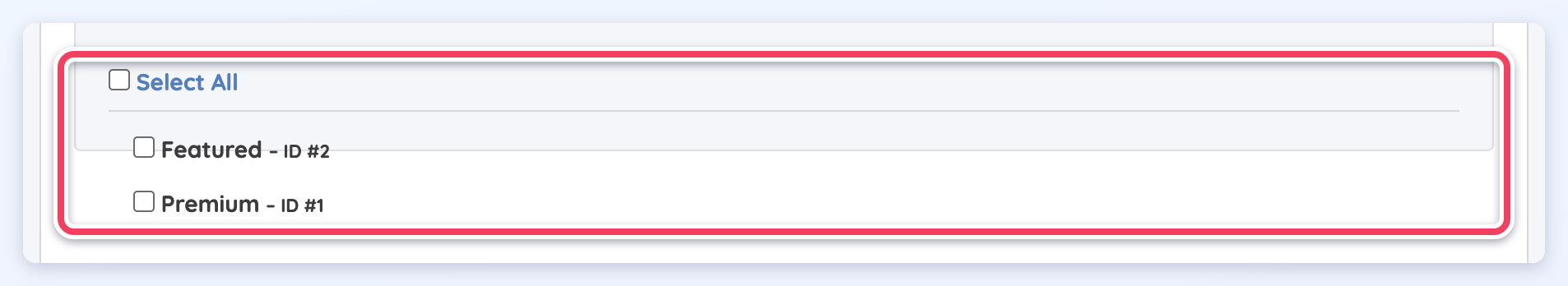 The membership plan checkboxes with Select All, Featured and Premium.