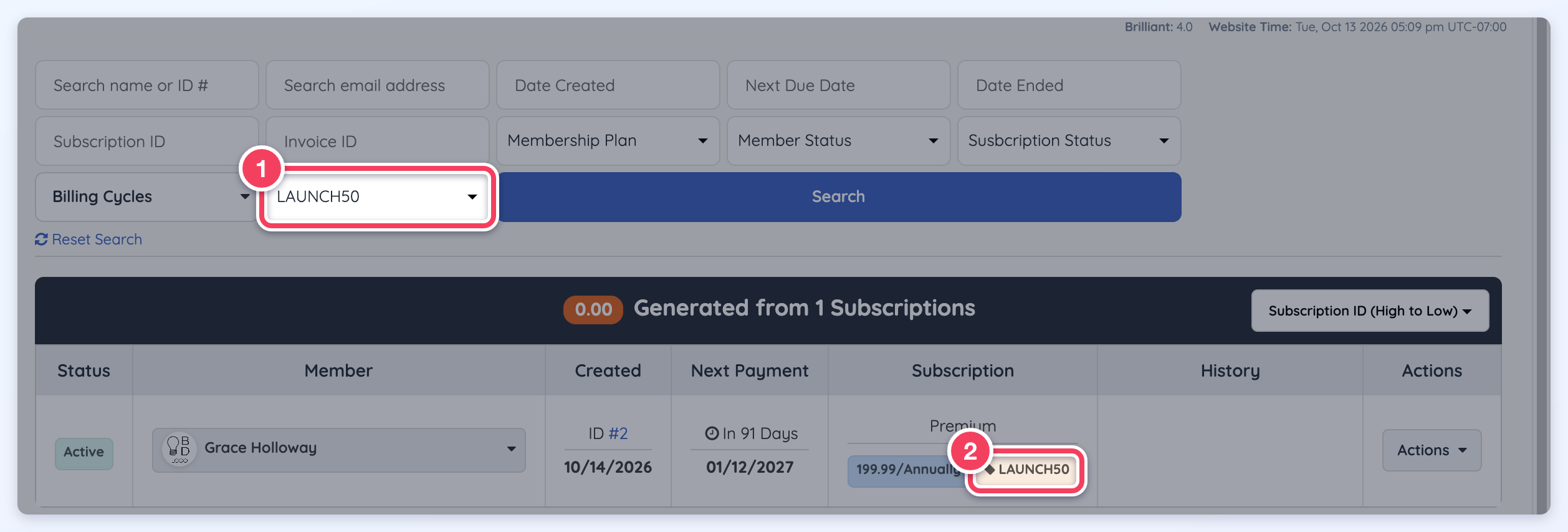 Search Subscriptions opened from the Used link, filtered to LAUNCH50 (1), listing the subscription tagged with the LAUNCH50 code (2).