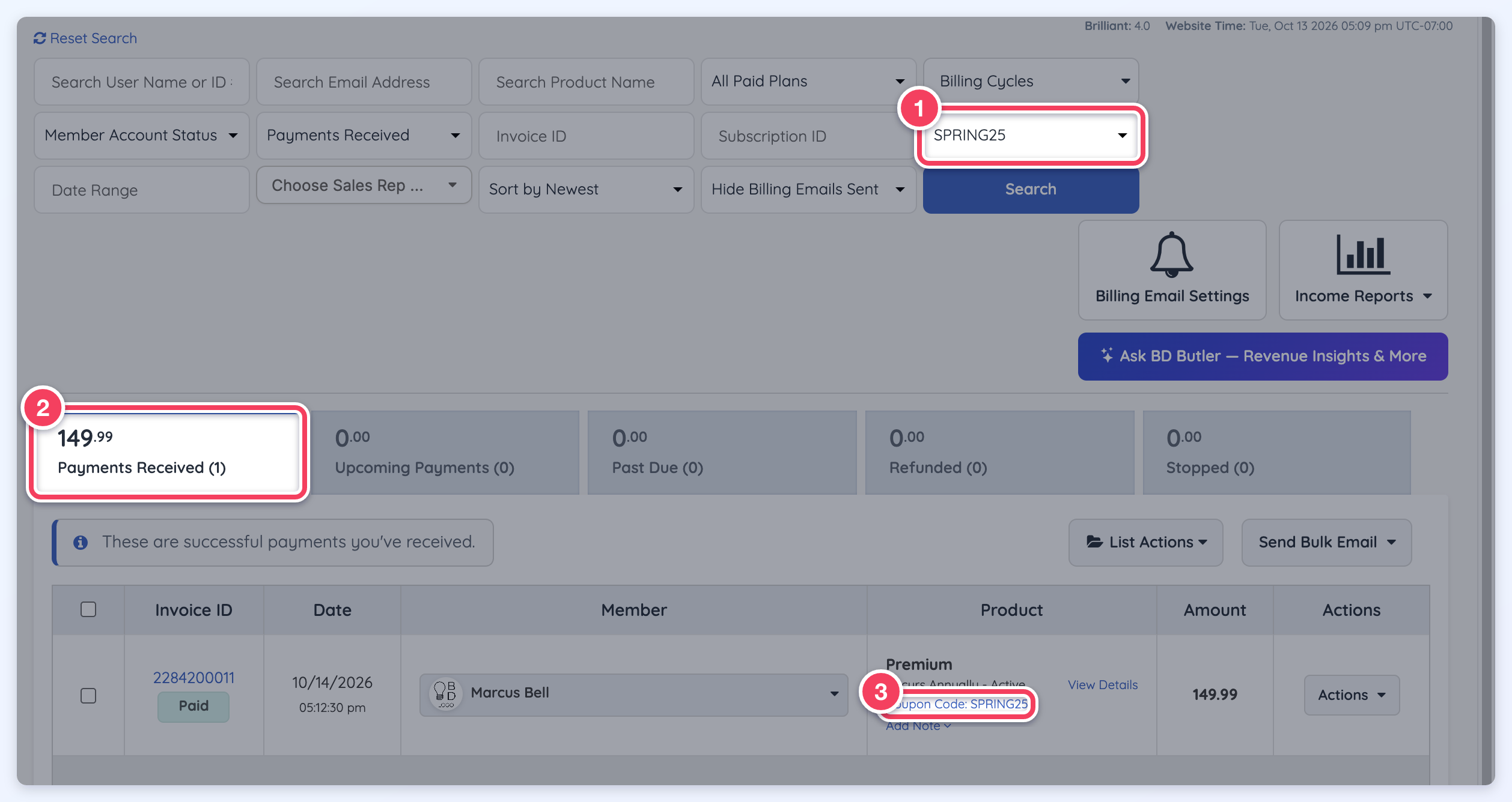 Transaction History opened from the Applied Invoices link, filtered to SPRING25 (1) on Payments Received (2), with the invoice showing Coupon Code: SPRING25 (3).