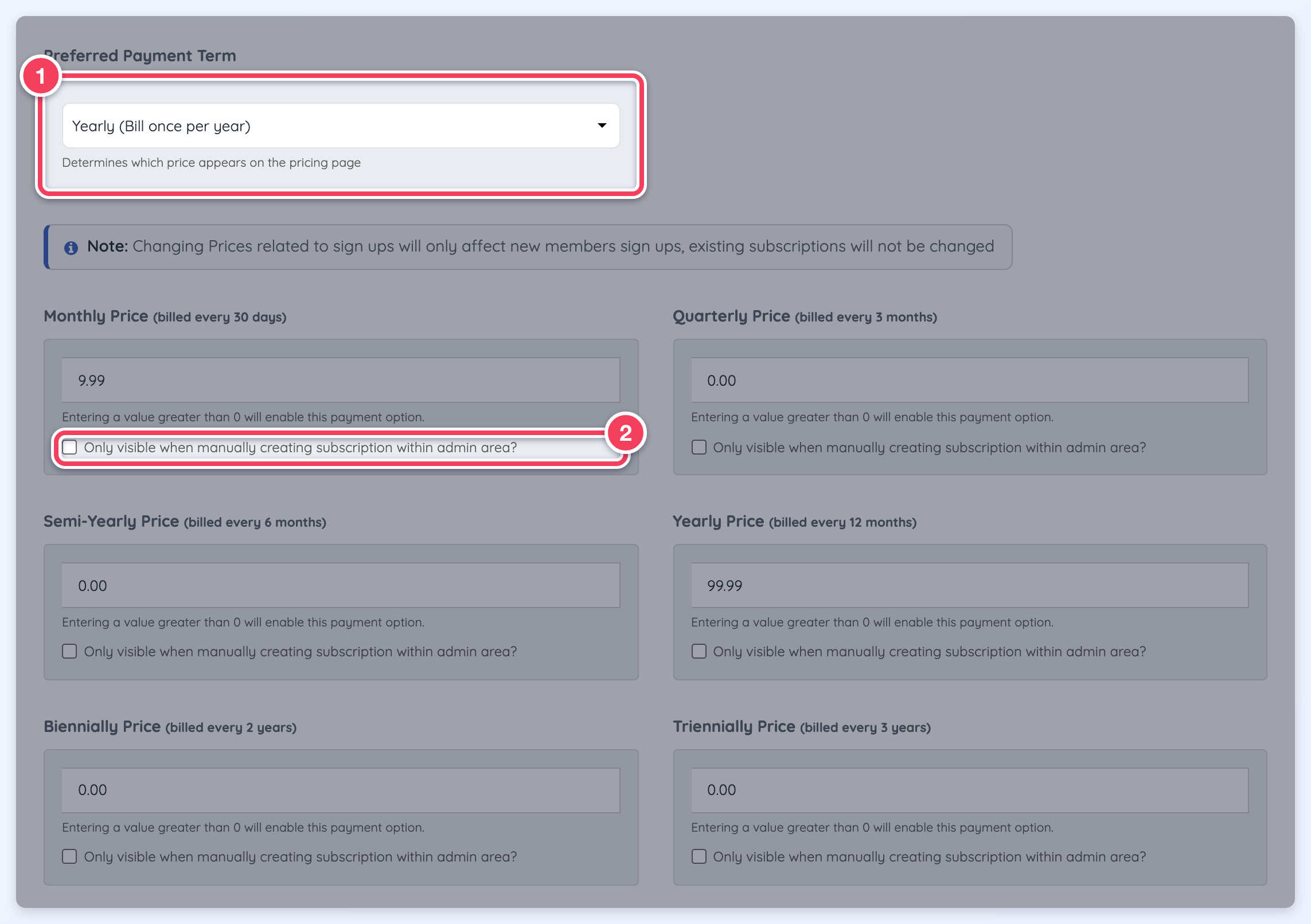 A membership plan's Preferred Payment Term (1) and the Only visible when manually creating subscription within admin area? checkbox under a price (2).