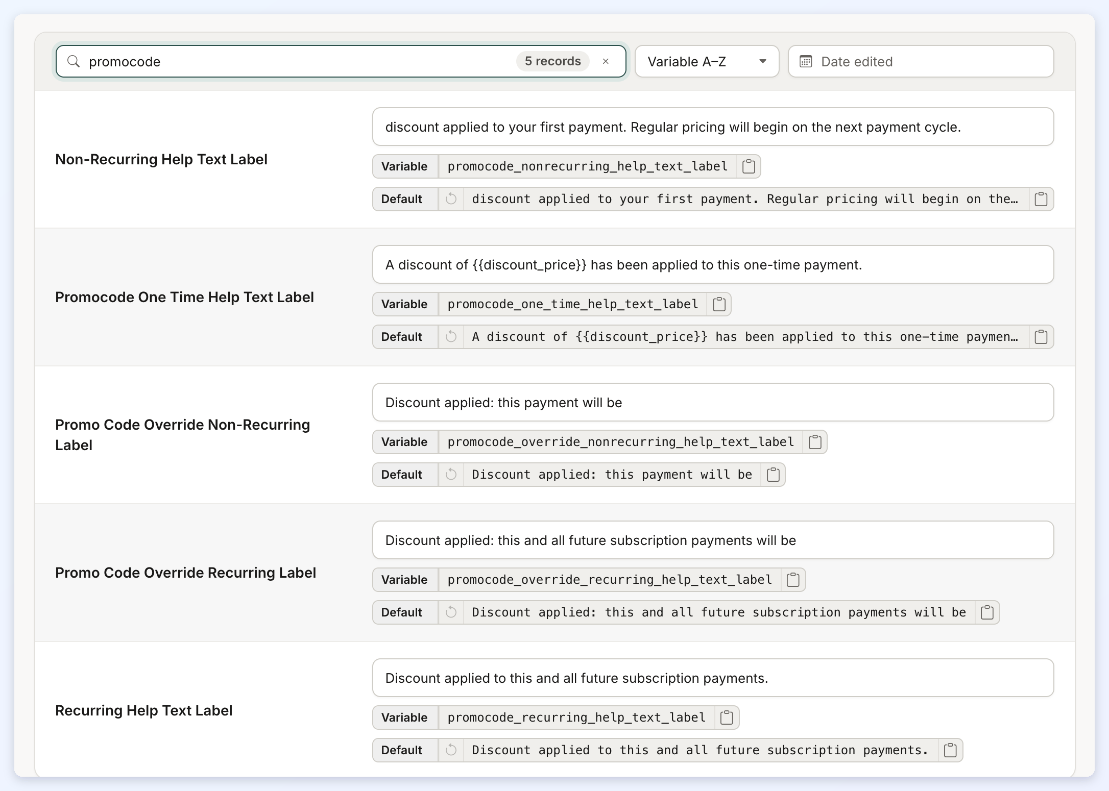 Settings » Text Labels searched for promocode, listing the five coupon help text labels with their variables and default text.
