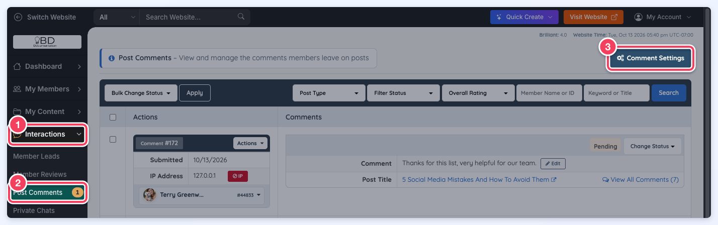 Interactions menu open on Post Comments, with Interactions, Post Comments and the Comment Settings button numbered 1 to 3.