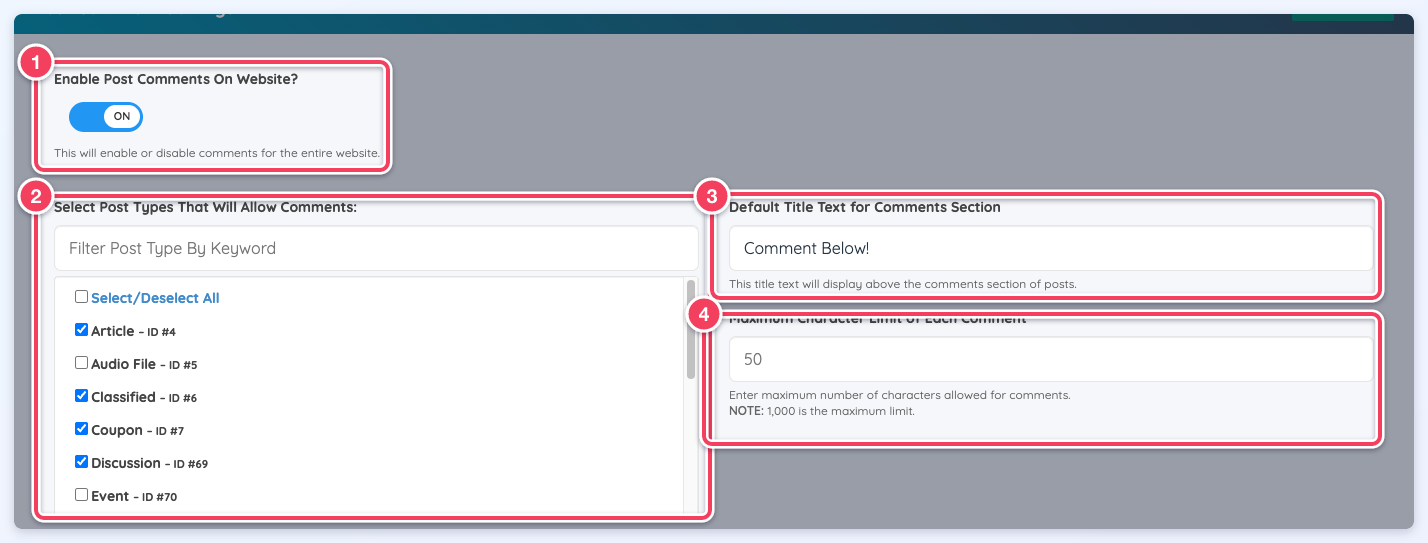 Post Comment Settings with the site-wide on/off switch, the post type list, the default title and the character limit numbered 1 to 4.