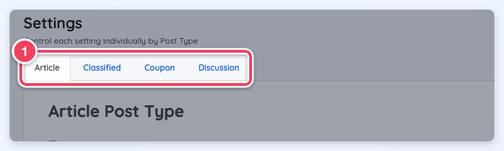 Settings tabs for each enabled post type: Article, Classified, Coupon and Discussion.