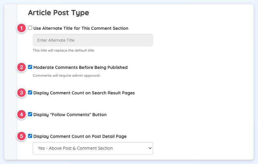 Article post type settings numbered 1 to 5, from Use Alternate Title through Display Comment Count on Post Detail Page.