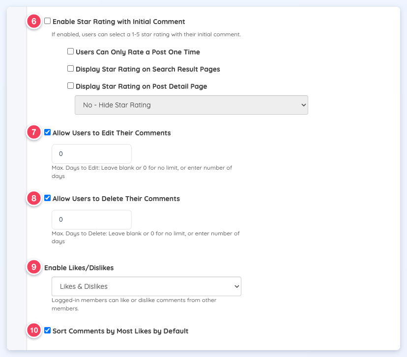 Article post type settings numbered 6 to 10, ending with Enable Likes/Dislikes set to Likes & Dislikes and Sort Comments by Most Likes by Default checked.