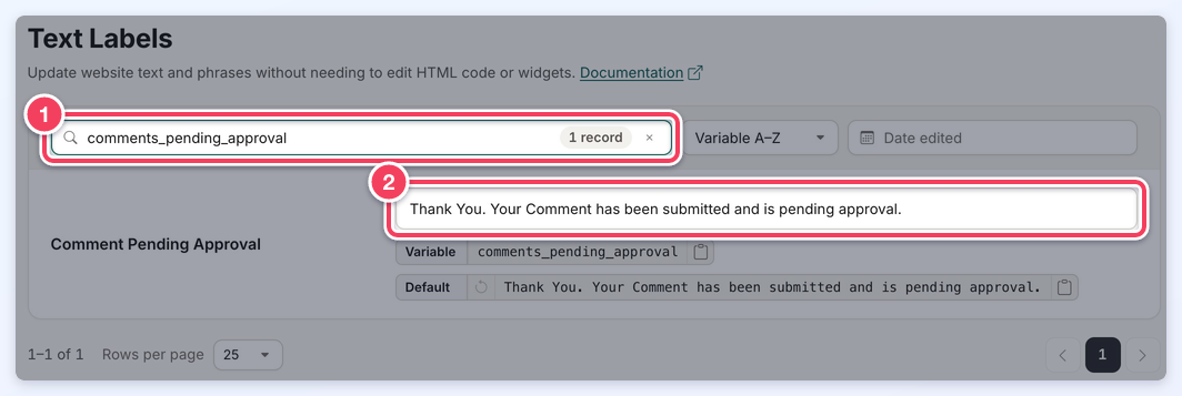Text Labels search for comments_pending_approval, showing the search box and the editable message.