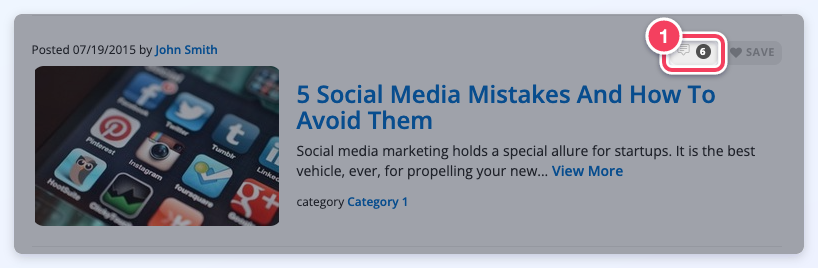 A post in the Articles search results with its comment count icon highlighted.