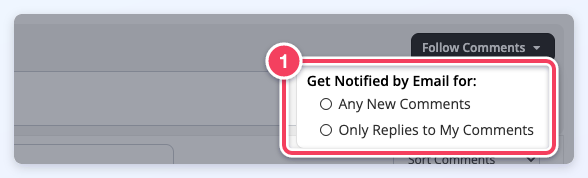 Follow Comments menu open with Any New Comments and Only Replies to My Comments.