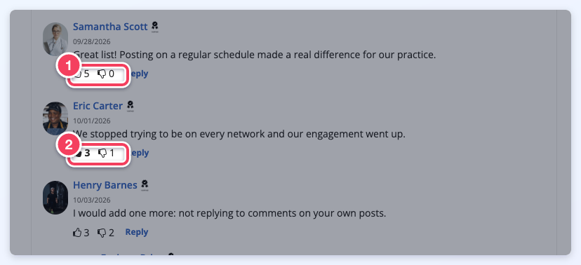 Like and dislike buttons with counts on two comments; the second shows the solid thumb of the viewing member's like.