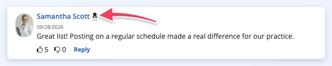 Arrow pointing to the member badge icon next to a commenter's name.