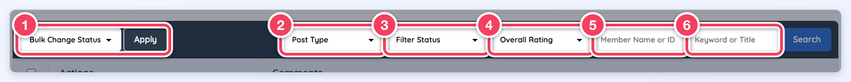 Post Comments filter bar numbered 1 to 6: Bulk Change Status, Post Type, Filter Status, Overall Rating, Member Name or ID, Keyword or Title.