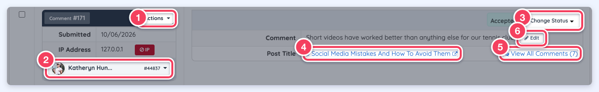 One comment in the admin list with Actions, member information, Change Status, Post Title, View All Comments and Edit numbered 1 to 6.