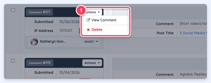 A comment's Actions menu open with View Comment and Delete.