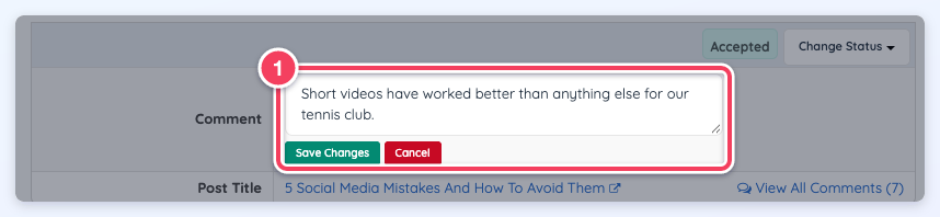 Admin edit box for a comment's text with Save Changes and Cancel.