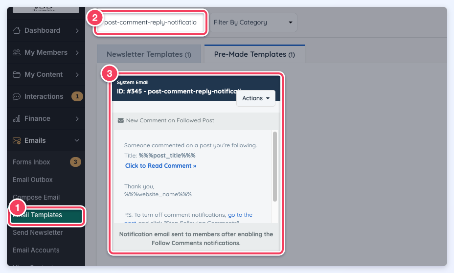 Email Templates filtered to post-comment-reply-notification, with the menu link, the search and the template card numbered 1 to 3.