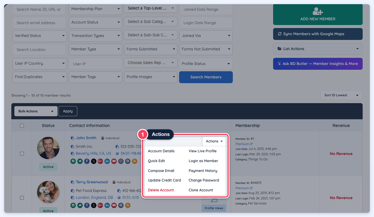 The Search Members results list in the admin with the Actions menu open on the first member's row.