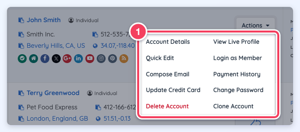 A close-up of the Actions menu showing its ten options, from Account Details to Clone Account.