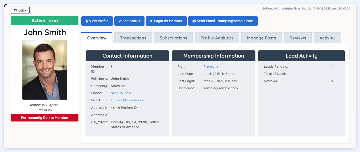 The Account Details page for a member, with the Overview tab showing contact, membership and lead information.