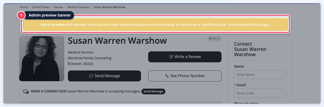 An inactive member's live profile opened by an admin, with the yellow Admin preview banner above the full profile.