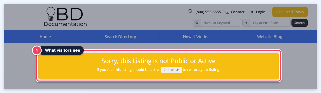 The same profile seen by a visitor, showing the Sorry, this Listing is not Public or Active notice instead of the profile.