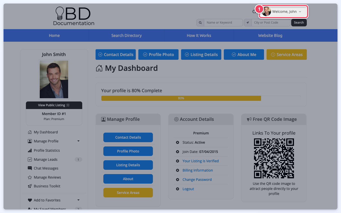 The member dashboard opened through Login as Member, with the header showing the site signed in as that member.
