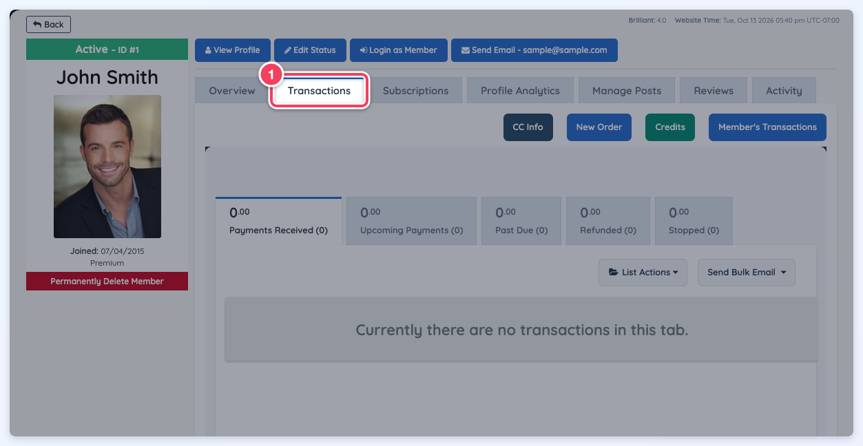 The member's account opened on the Transactions tab, showing payments received, upcoming, past due, refunded and stopped totals.
