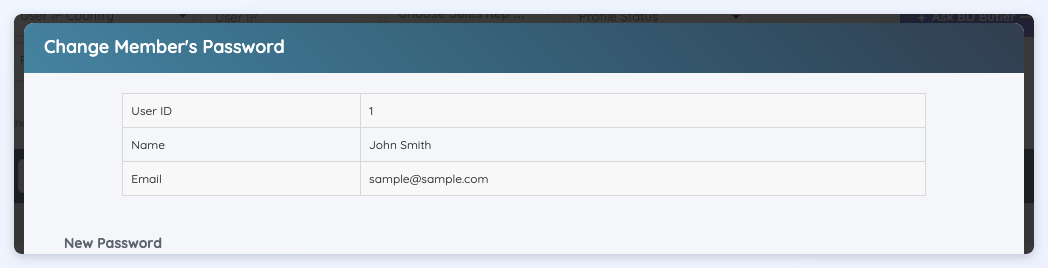 The Change Member's Password window showing the member's ID, name and email above the New Password field.