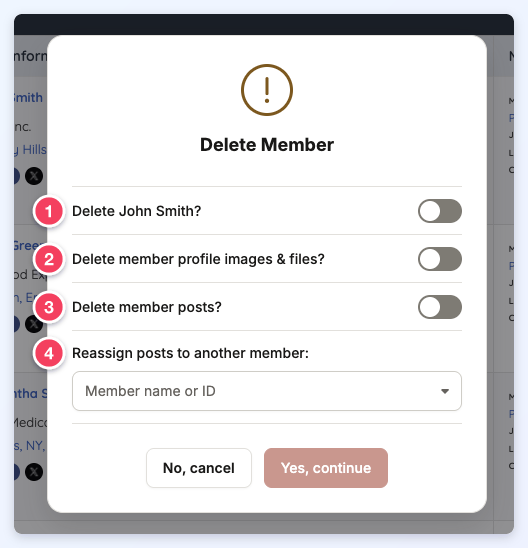 The Delete Member confirmation with its four numbered options: delete the member, delete images and files, delete posts, and reassign posts.