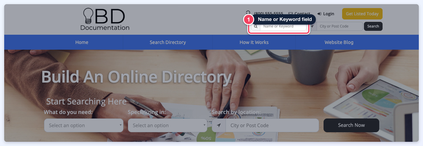 The website header with the Name or Keyword search field highlighted.